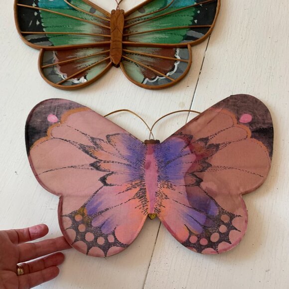 Vintage Boho Hand Painted Fabric Bamboo Butterfly Wall Hangings Set of 2 - Picture 3 of 6